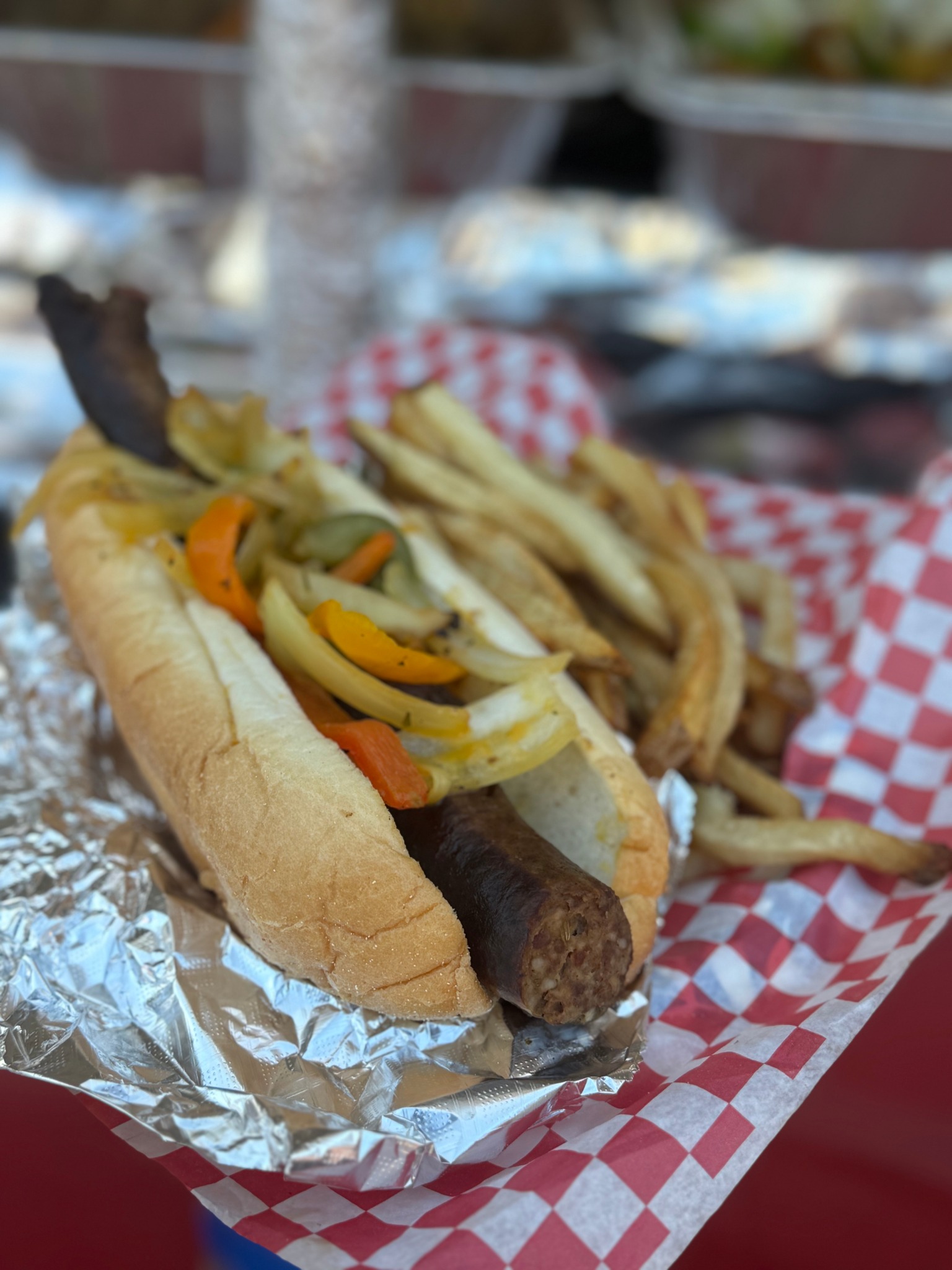 Grilled sausage with peppers and fries